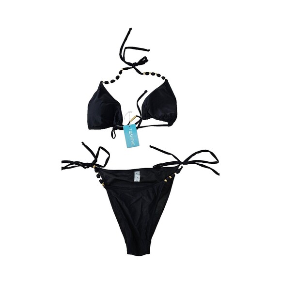 NWT Tashehe Black Glitter Halter Triangle Swimsuit String Bikini Set Size M - Picture 1 of 8